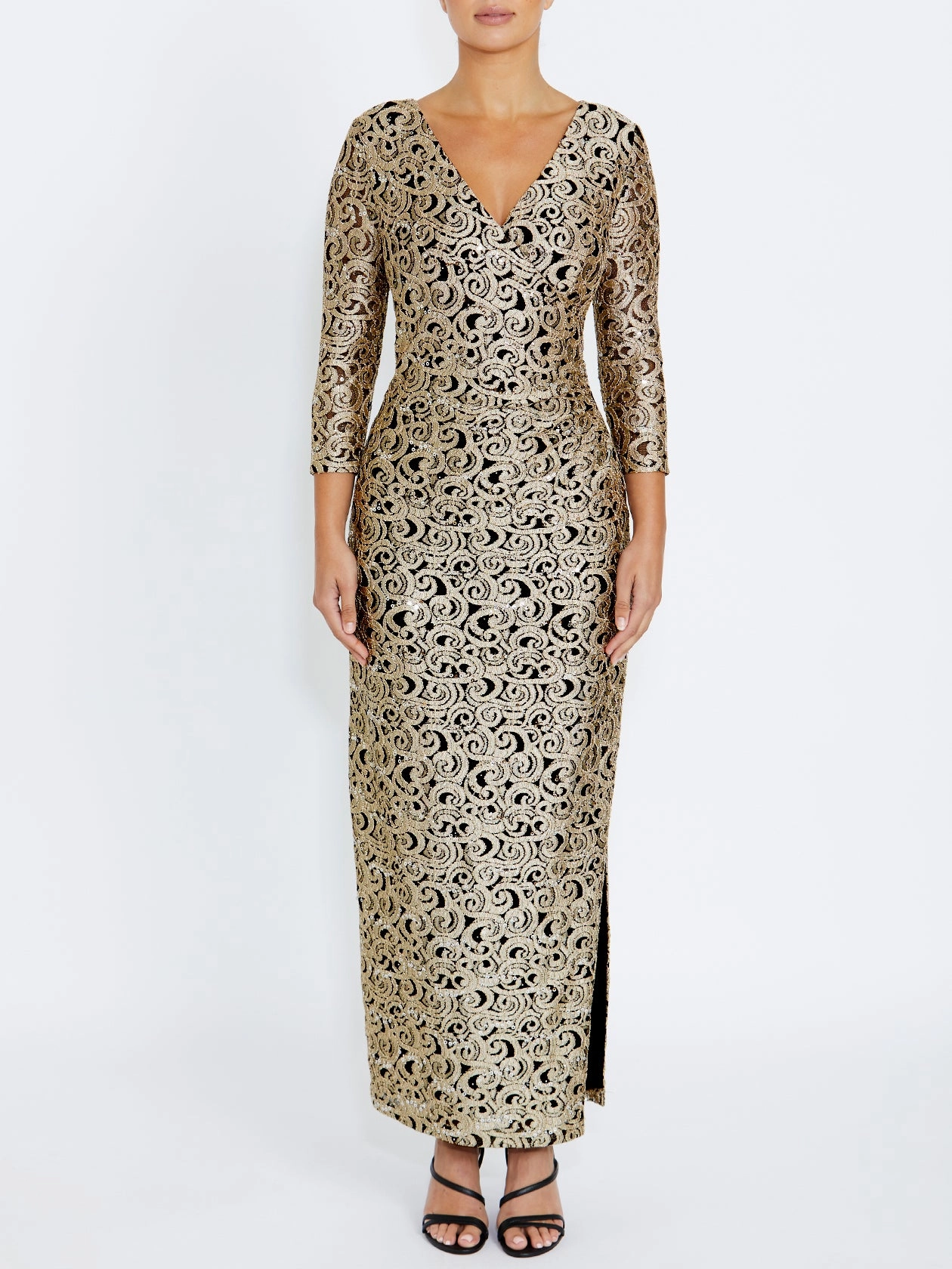 Aurelia Black and Gold Stretch Lace Gown Delicate Touch Comfort Mode