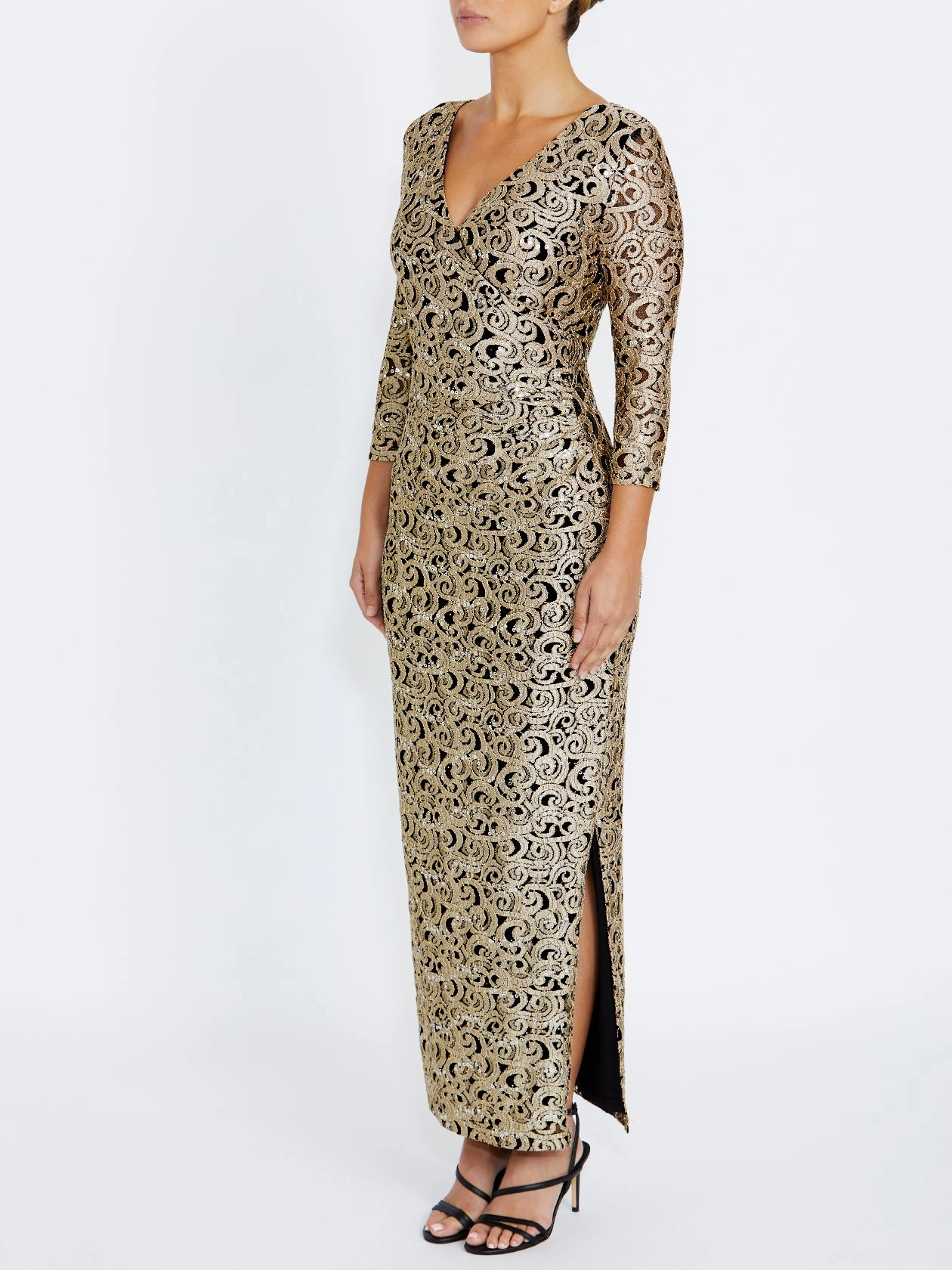 Aurelia Black and Gold Stretch Lace Gown Tea length