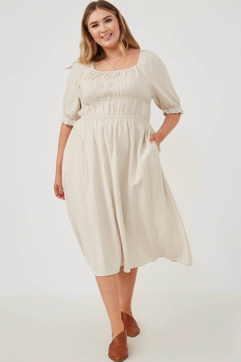 Linen Blend Peasant Smocked Square Neck Dress Satin Finish