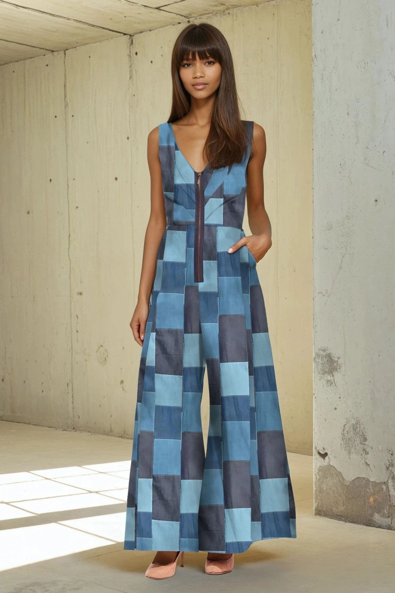 Axella Jumpsuit - Denim Patchwork Slim Piece