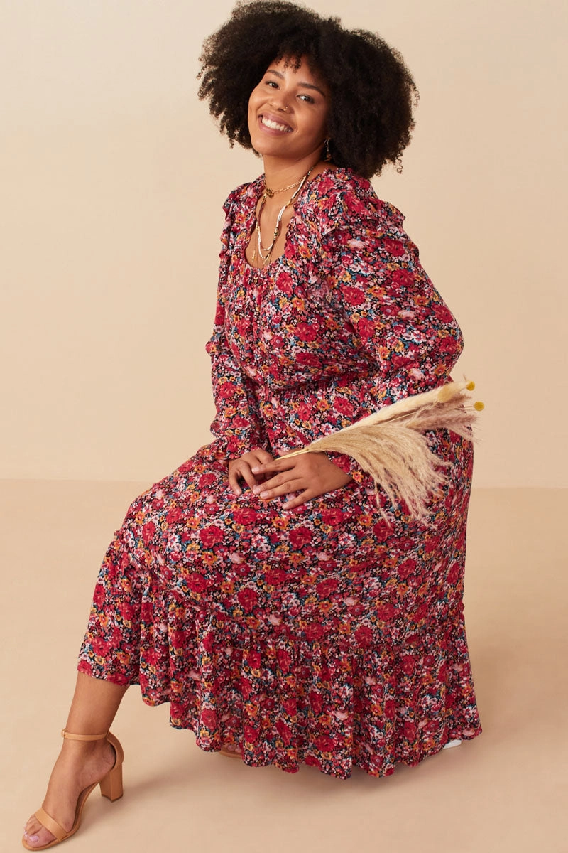 Clean Vibe Floral Print Ruffled Square Neck Midi Dress