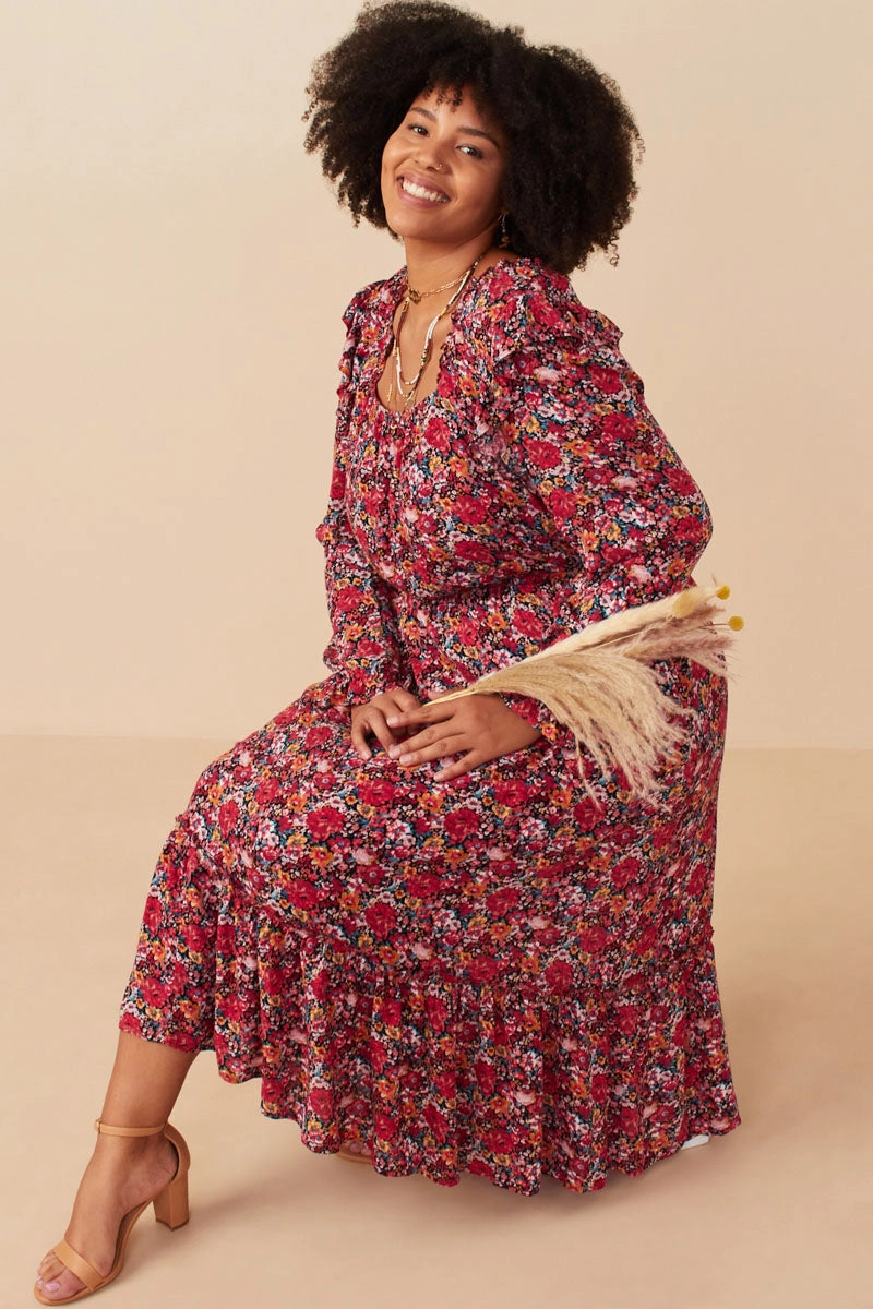 Party Attire Bold Simplicity Floral Print Ruffled Square Neck Midi Dress