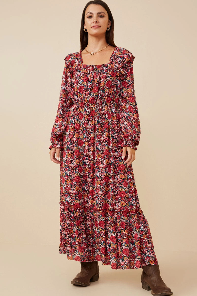 Lace-Edge Floral Print Ruffled Square Neck Midi Dress