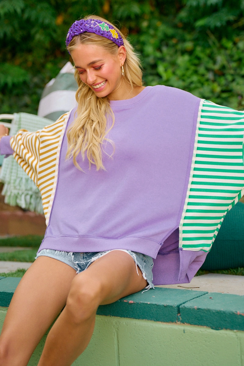IT1841S-11 | MARDIGRAS TERRY AND STRIPE COMBO TOP Ruffle Detail Vacation Outfit