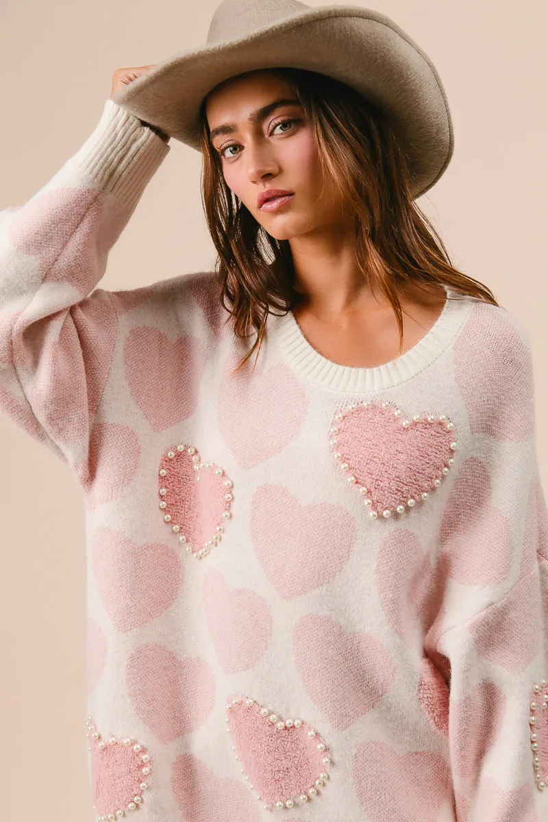 Multi Purpose Layer Breathable Layer IT2773R-01 | HEART SWEATER TOP WITH PEARL DETAIL