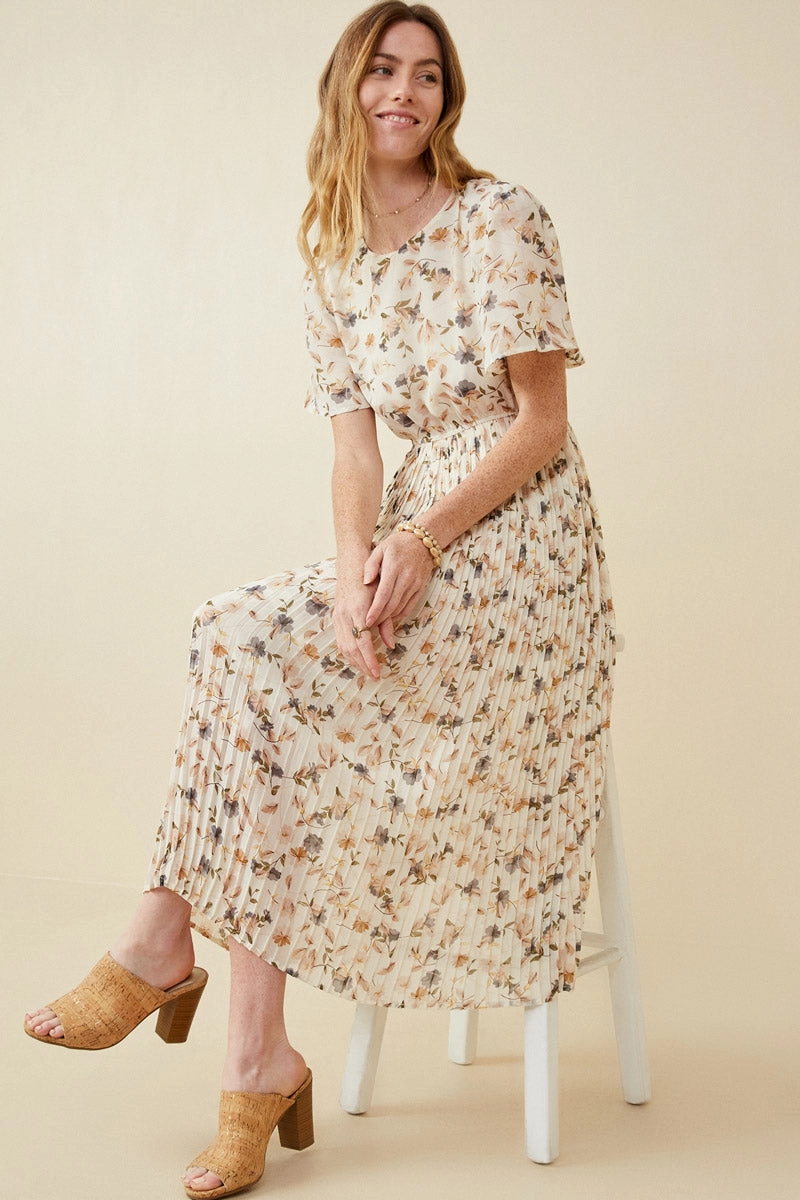 Urban Simplicity Walkable Flow Soft Floral Pleated Skirt Short Sleeve Dress