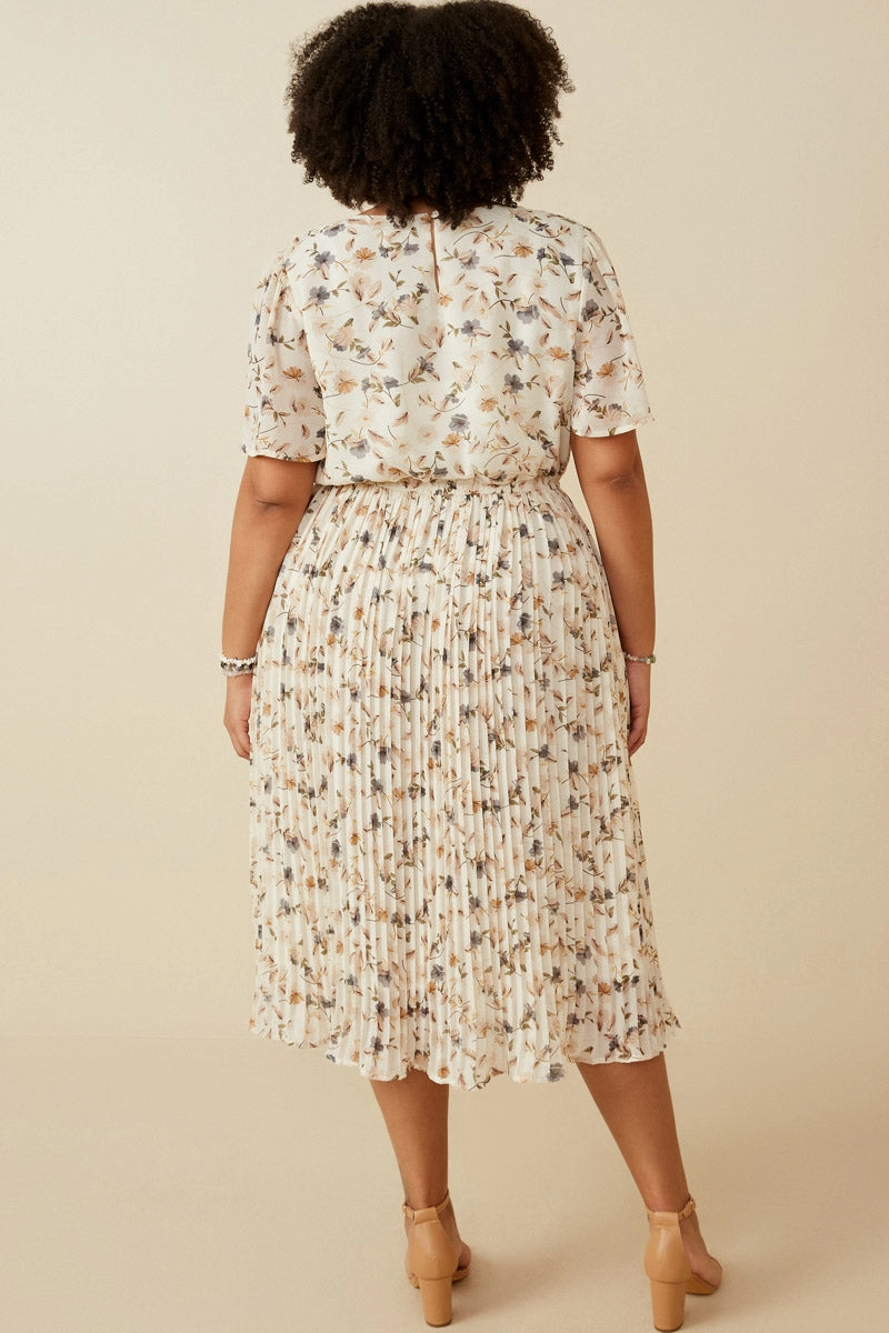 Soft Floral Pleated Skirt Short Sleeve Dress Clean Tone