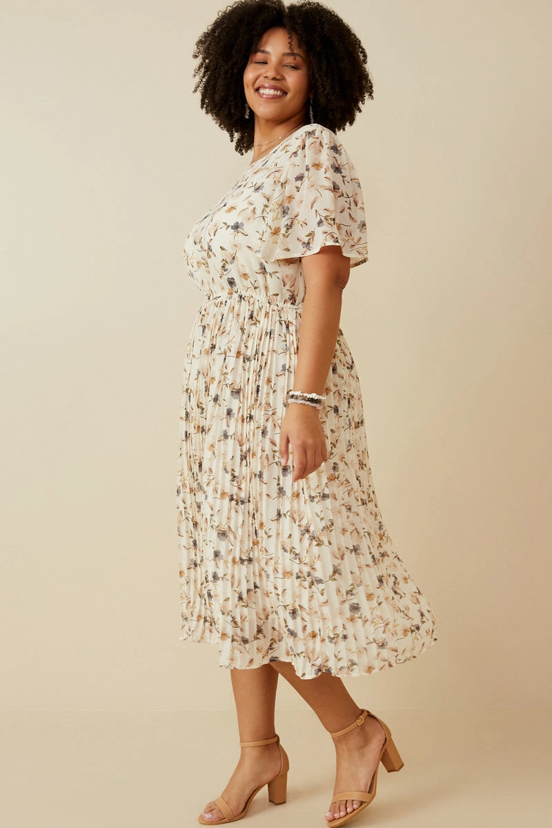 Grace Base Soft Floral Pleated Skirt Short Sleeve Dress