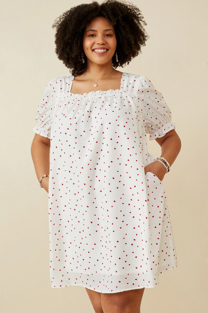 Ditsy Hearts Square Neck Puff Sleeve Dress Flowy-Shape Cool Touch