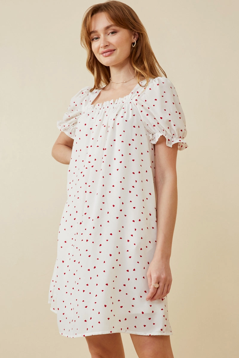 Ditsy Hearts Square Neck Puff Sleeve Dress Beauty Feel Dry-Clean-Only