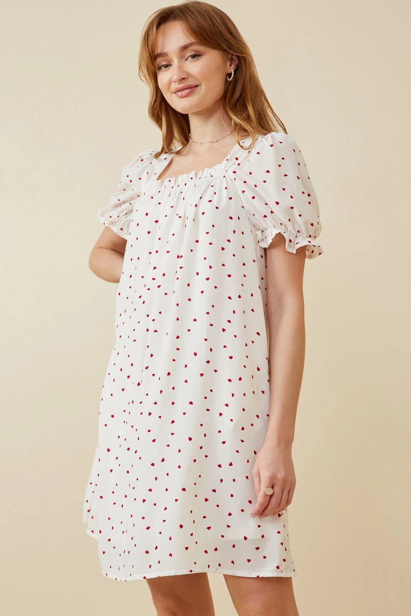 Ditsy Hearts Square Neck Puff Sleeve Dress Fitted Base