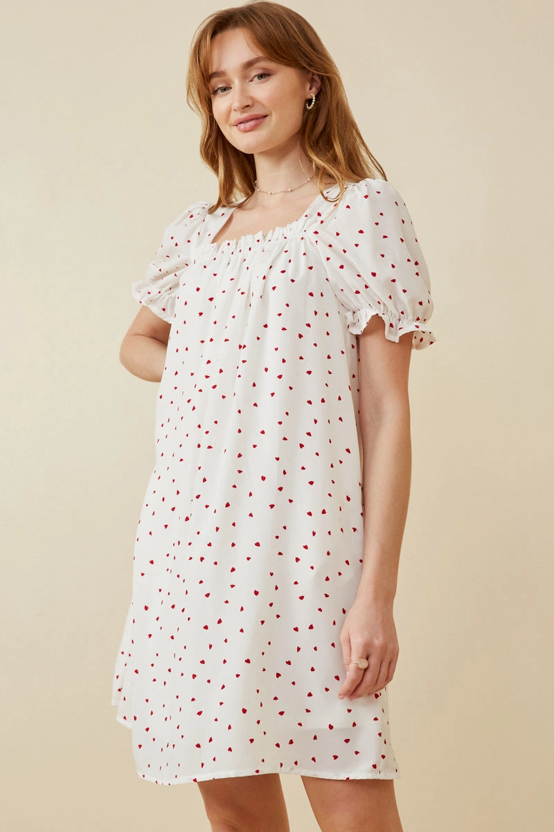 Ditsy Hearts Square Neck Puff Sleeve Dress Event Safe