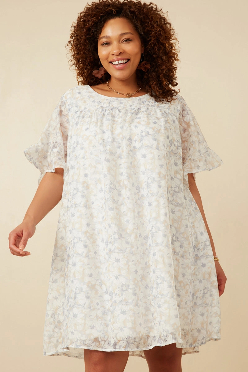 Light Floral Tulip Sleeve Dress Subtle Lines
