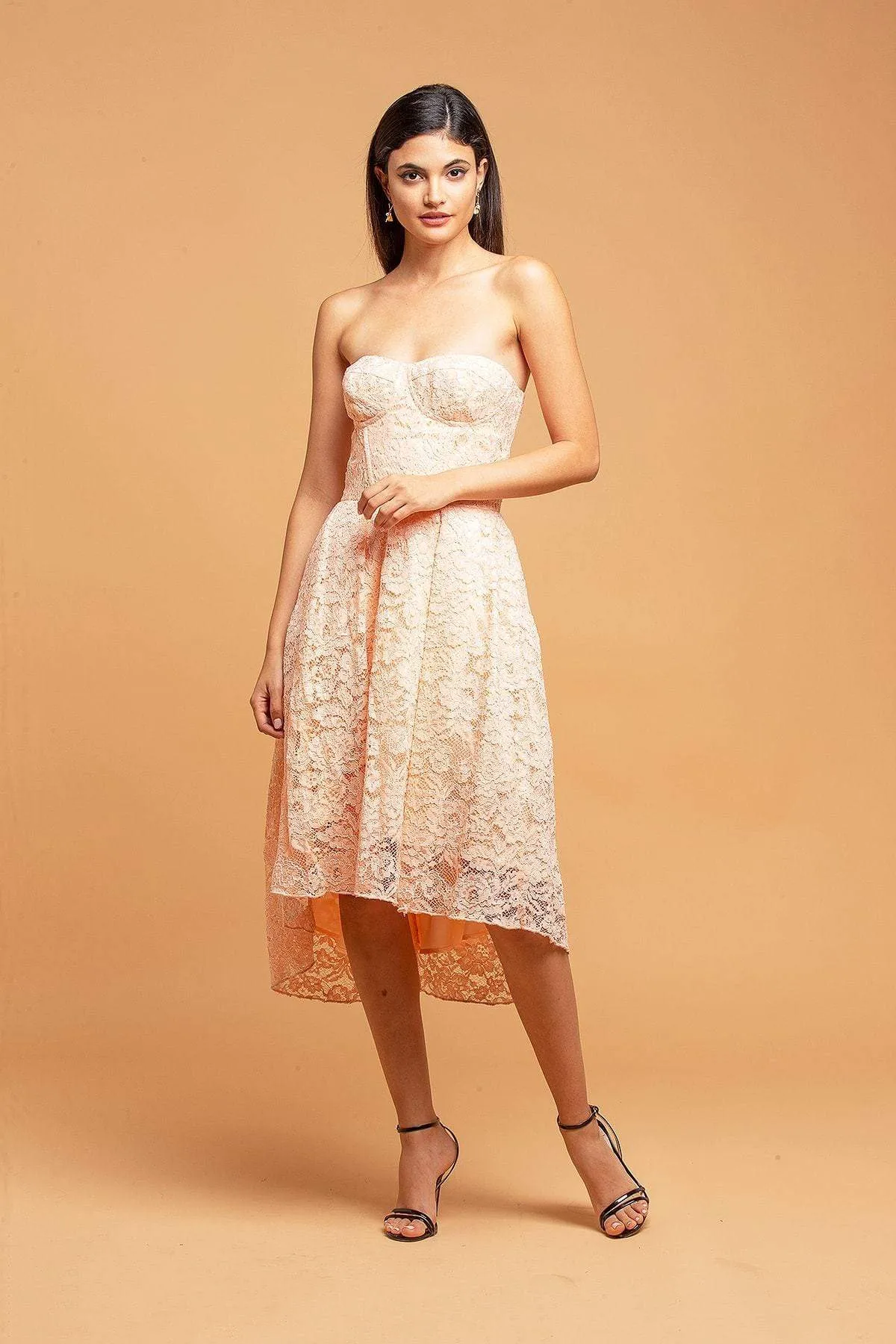 Subtle Glam Tulle Air Strapless Lace Apricot Dress