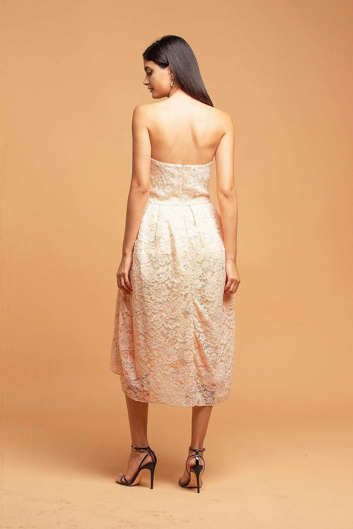 Bead Embellish Strapless Lace Apricot Dress