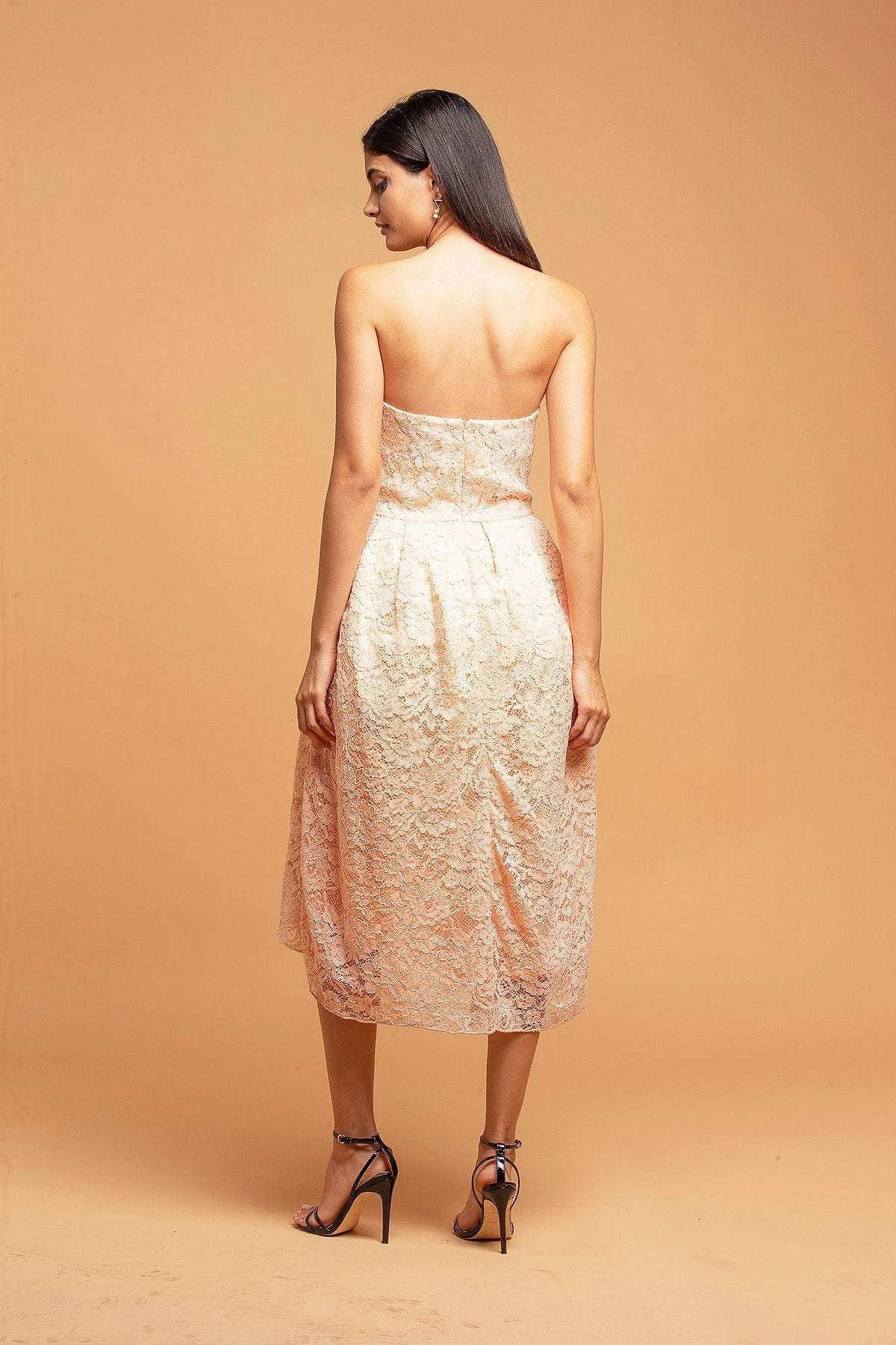 Bead Embellish Strapless Lace Apricot Dress