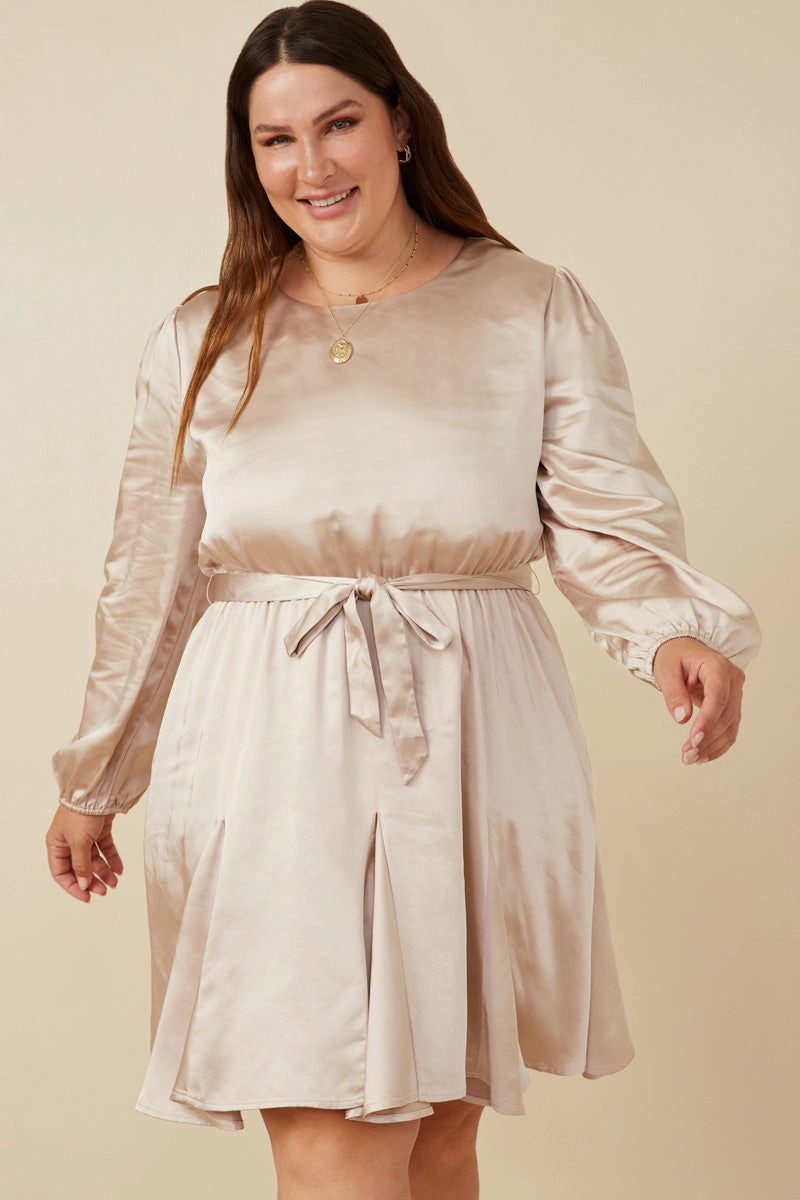 Fall Mood Silky-Feel Belted Flared Skirt Satin Dress