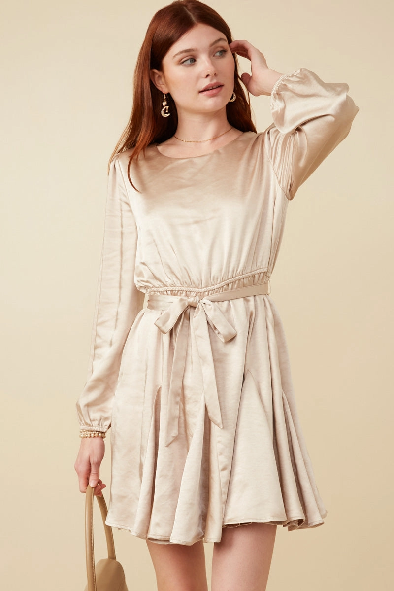 Belted Flared Skirt Satin Dress Flower Grace