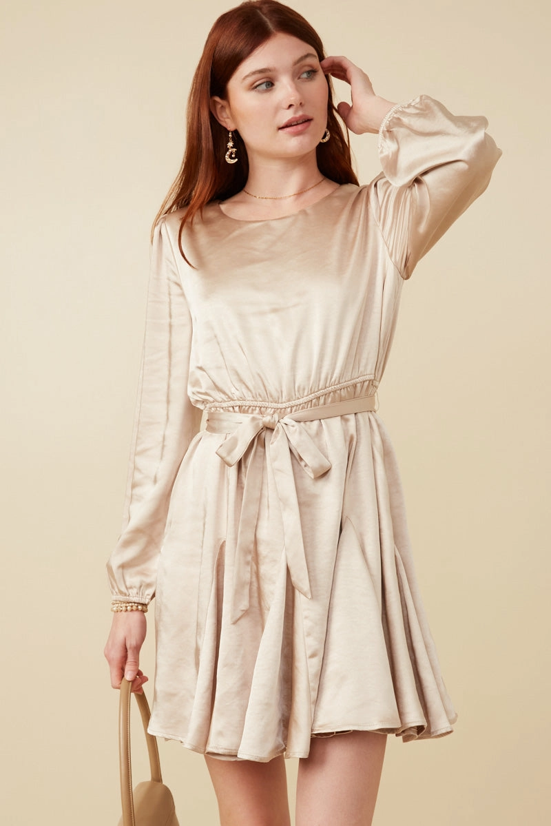 Belted Flared Skirt Satin Dress Quiet Sweet Cool Simplicity