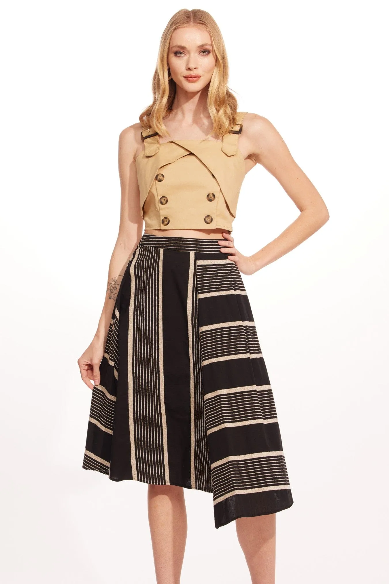 Black and Taupe Stripe Midi Skirt Fashion Beat