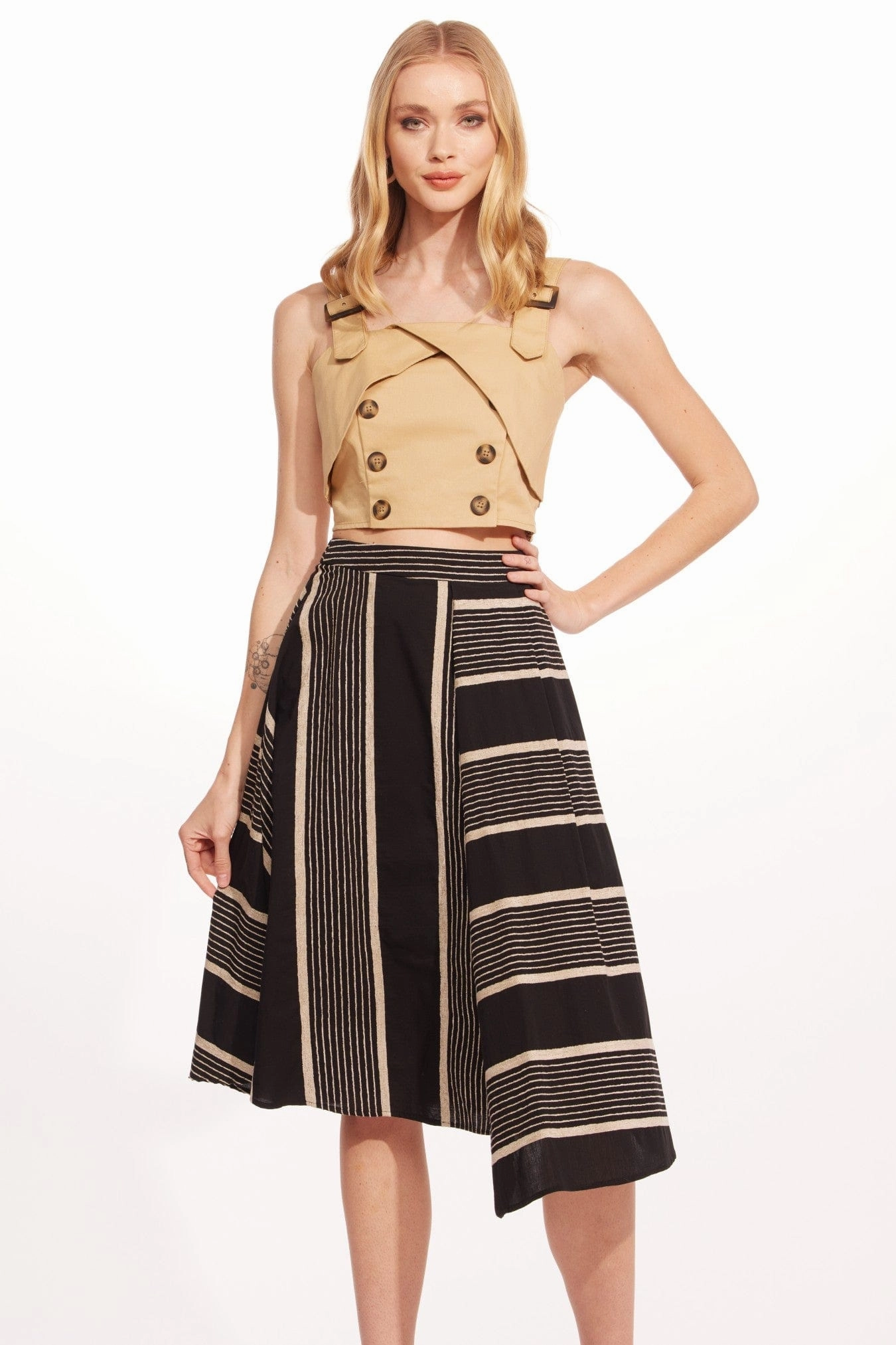 Black and Taupe Stripe Midi Skirt Fashion Beat