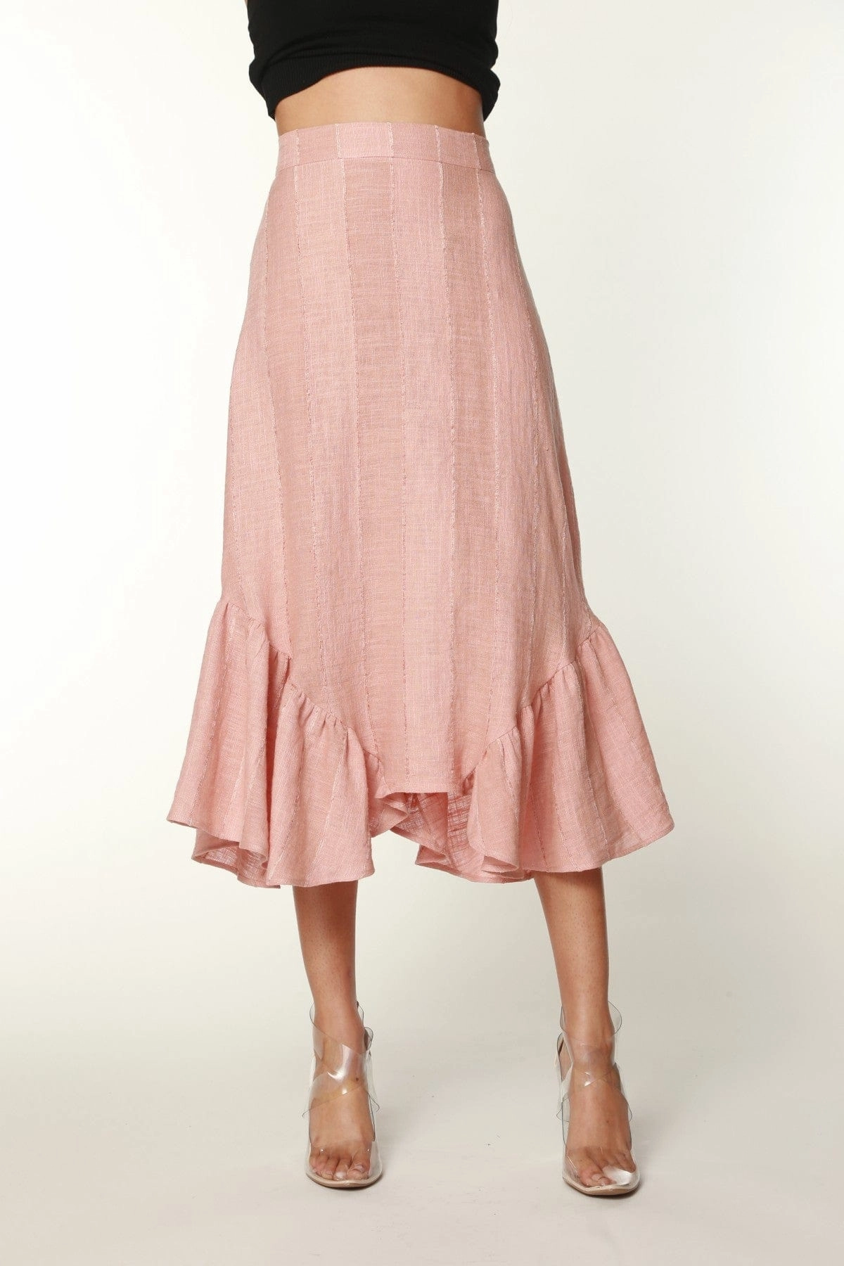 Blush Flounced Linen Midi Skirt Fresh Vibe