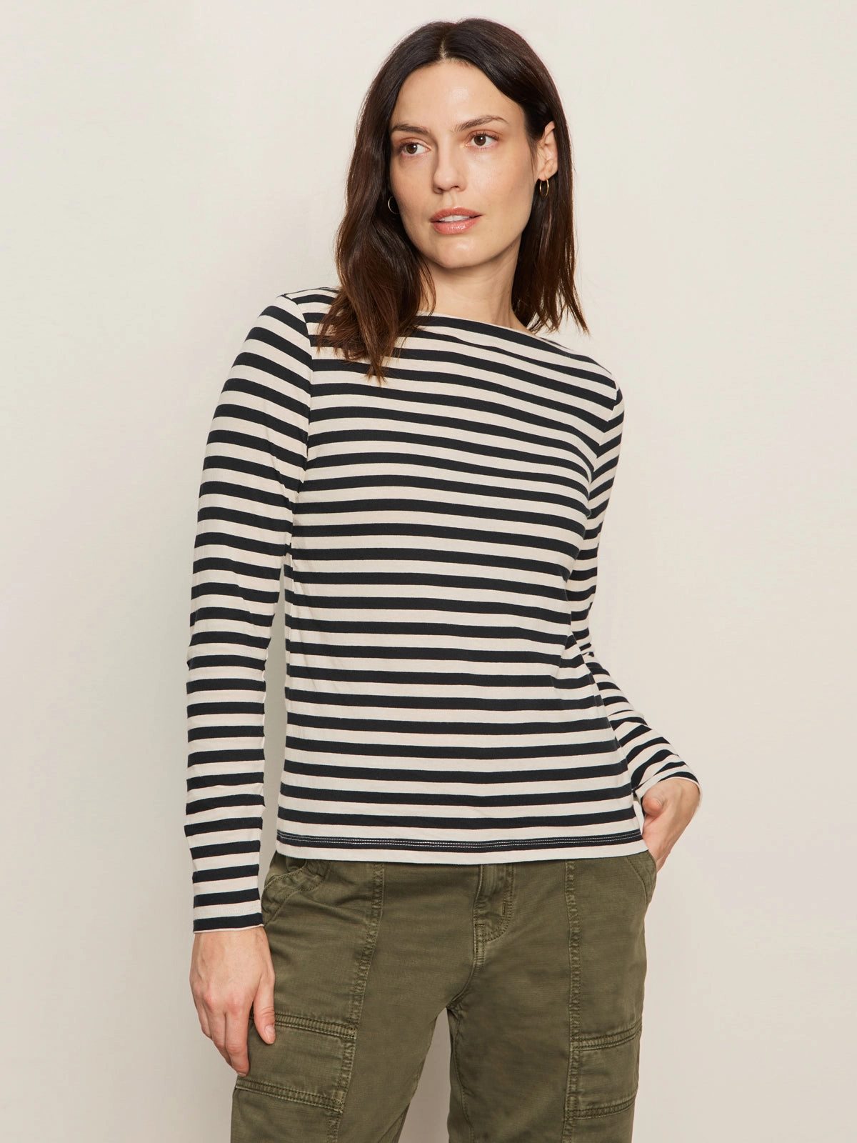 Boatneck Long Sleeve Tee Light Oat/Black Stripe Comfy Design