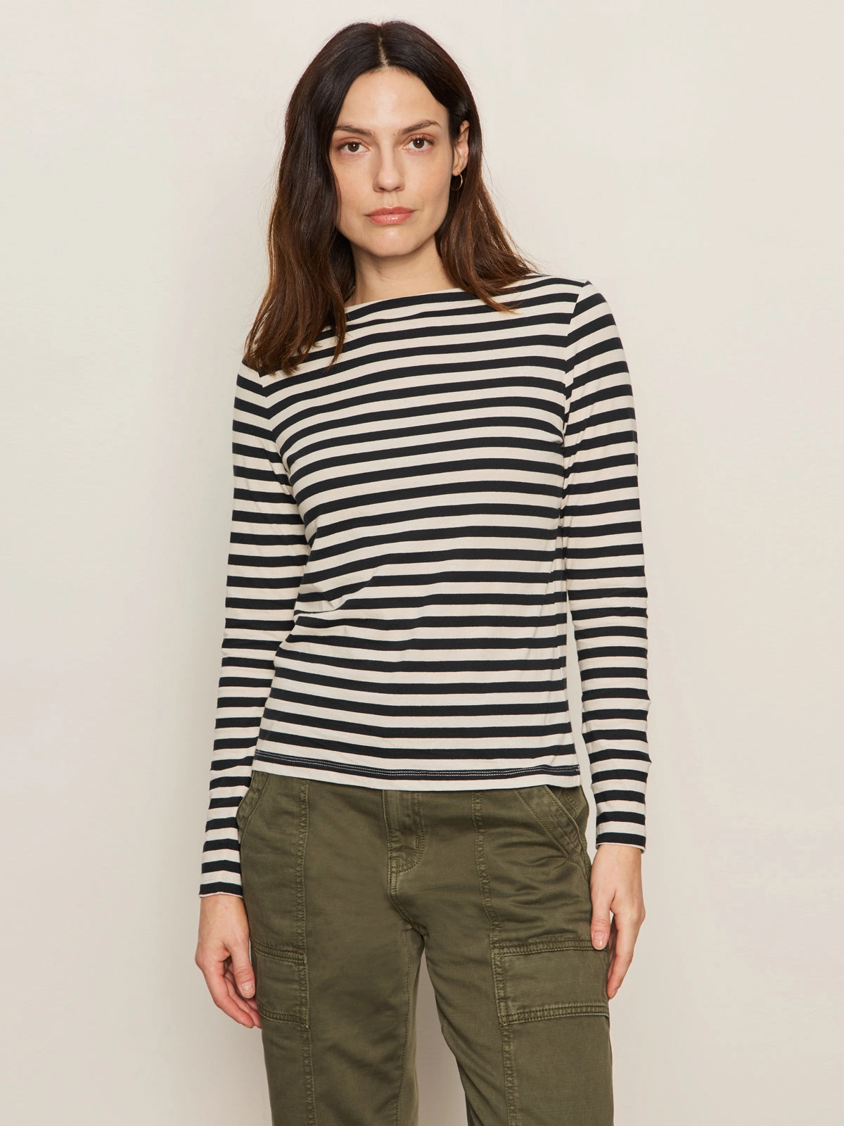 Boatneck Long Sleeve Tee Light Oat/Black Stripe Breathable fabric air-conditioned room wear