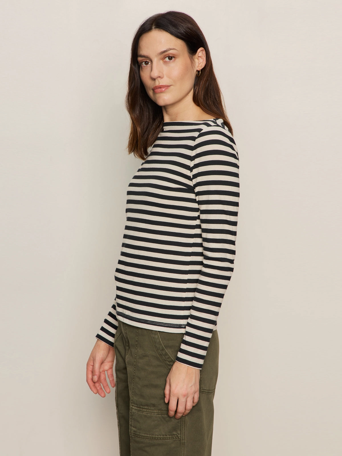Boatneck Long Sleeve Tee Light Oat/Black Stripe Comfy Design