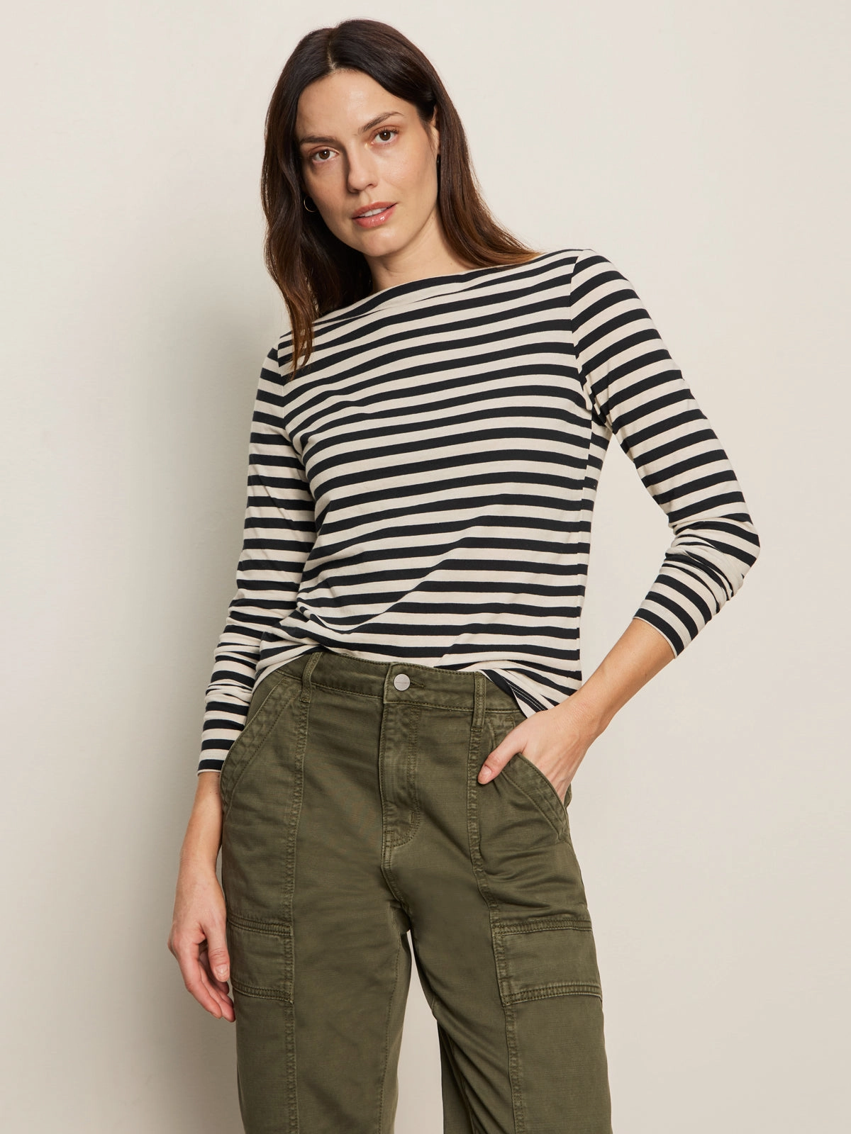 Boatneck Long Sleeve Tee Light Oat/Black Stripe Comfy Design