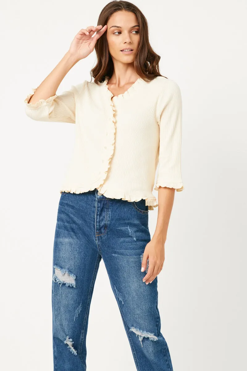 Stylish Chill Piece Ruffled Placket And Cuff Buttoned Cardigan