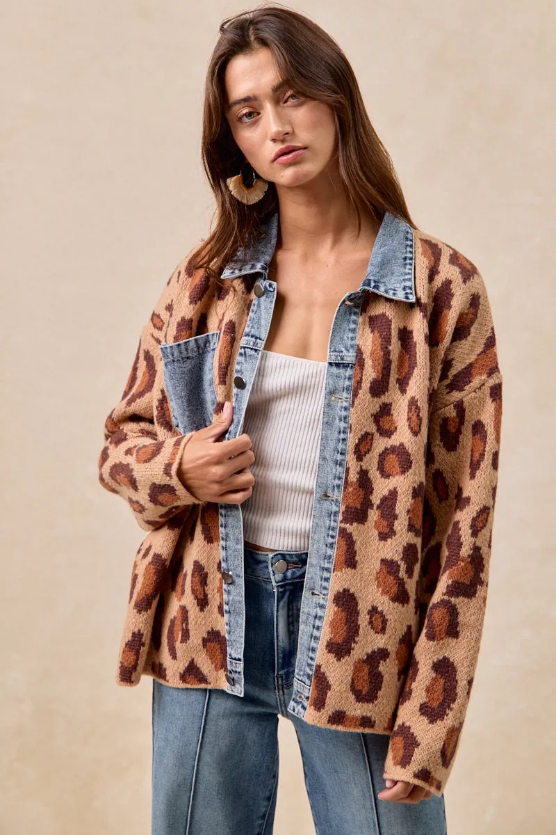 Light Outdoor Layer Evening Out IT4420G-04 | WASHED DENIM MIX AND MATCH LEOPARD SWEATER TOP