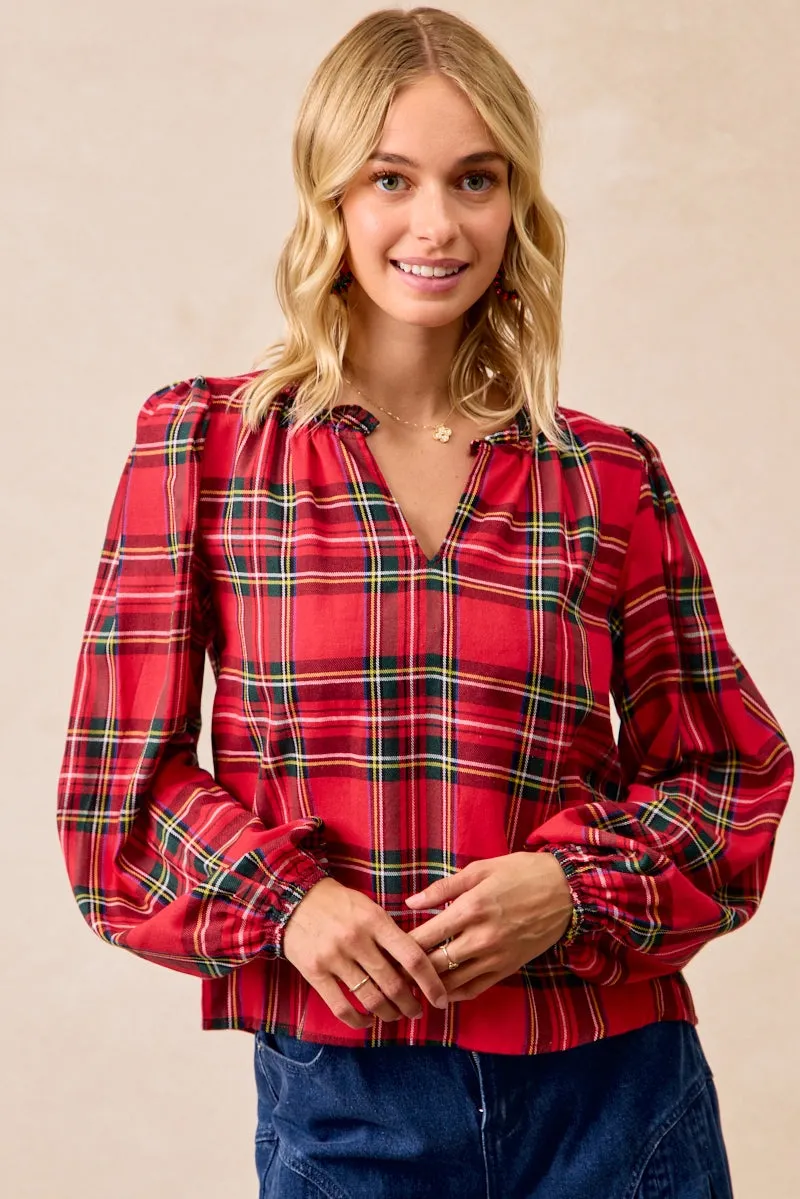 IT4648G-01 | CHRISTMAS PLAID BALLOON SLEEVES RUFFLED V-NECK TOP Layer Essential Piece Winter Outerwear
