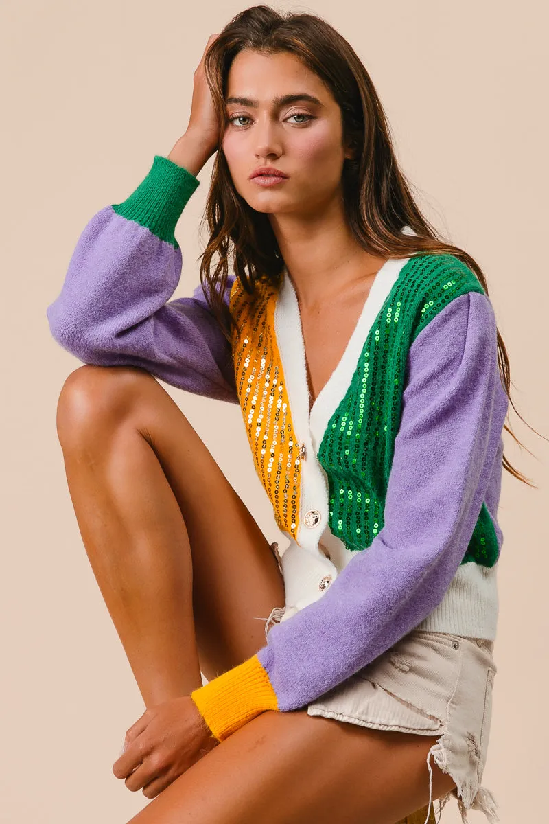 Statement Outerwear IT3157-01 | MARDI GRAS COLOR BLOCK SEQUIN SWEATER CARDIGAN