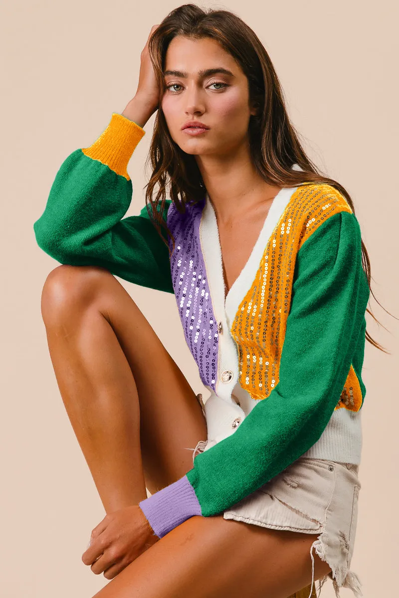 IT3157-01 | MARDI GRAS COLOR BLOCK SEQUIN SWEATER CARDIGAN Simple Detail
