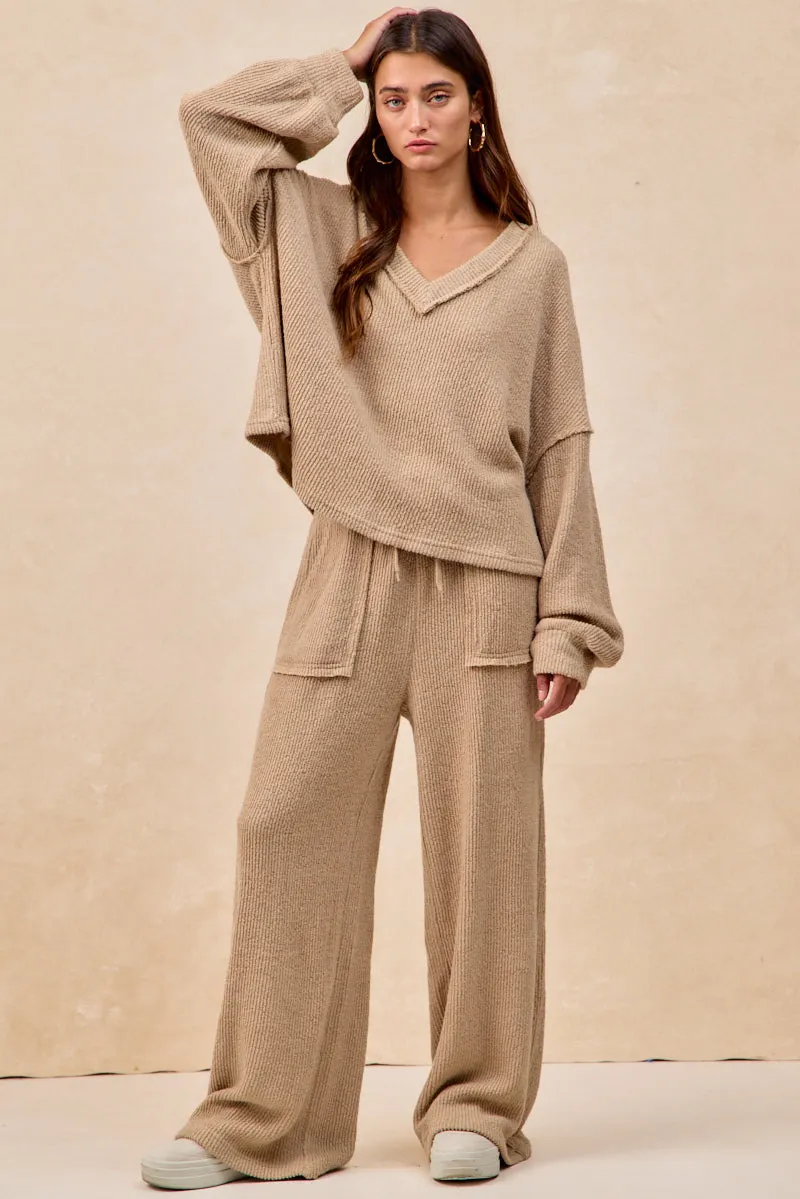 IB1744S-02 | BOUCLE RIB KNIT WIDE PANTS WITH CUT EDGE DETAIL Essential Fit Sustainable Material