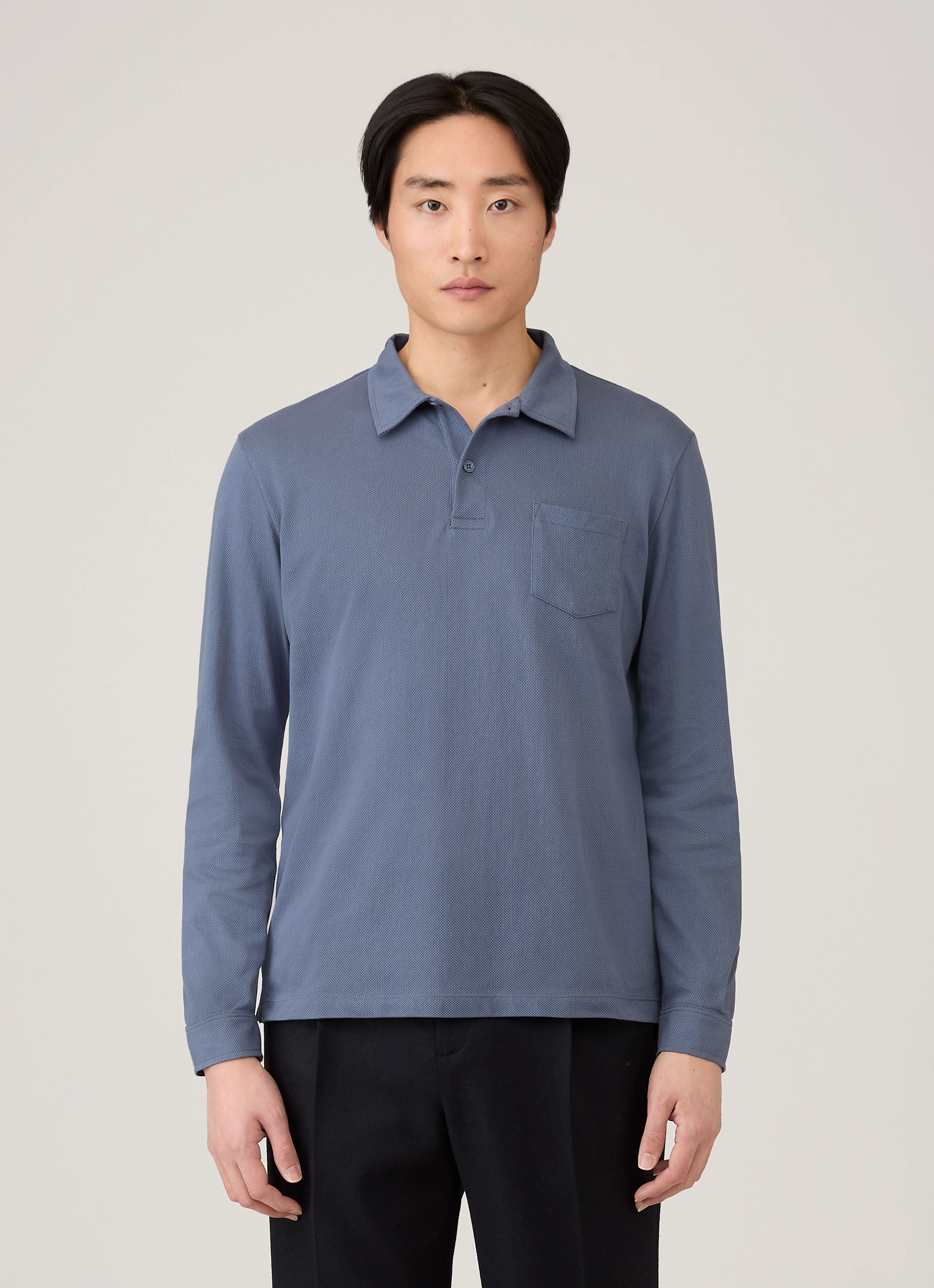 Bold Shape Daily Men's Long Sleeve Riviera Polo Shirt in Selvedge Blue