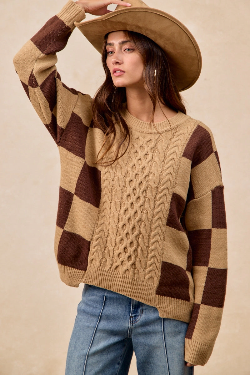 Body Safe Feather Light IT4775H-01 | CHECKER BOARD PATTERN CABLE KNIT SWEATER TOP