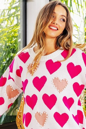 IP5841J-01 | HEART PRINT WITH PEARL EDGE DETAIL SWEATER TOP Cuffed hem Quick Motion