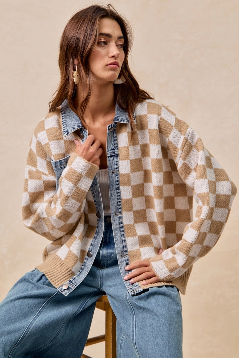 clean design Durable Fabric IT4420G-03 | WASHED DENIM MIX AND MATCH CHECKER SWEATER TOP