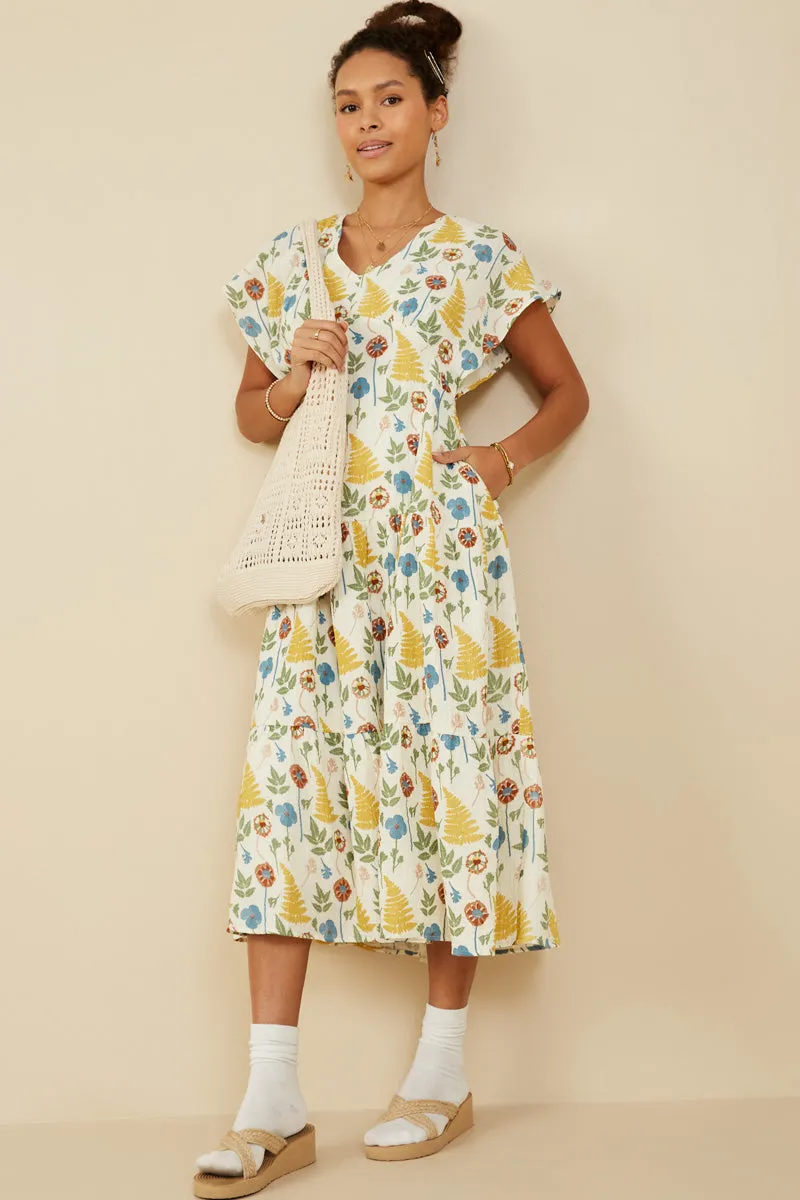 Grace Base Botanical Print V Neck Gauze Textured Dress