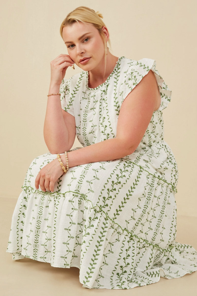 Daily Option Botanical Embroidered Tiered Midi Dress