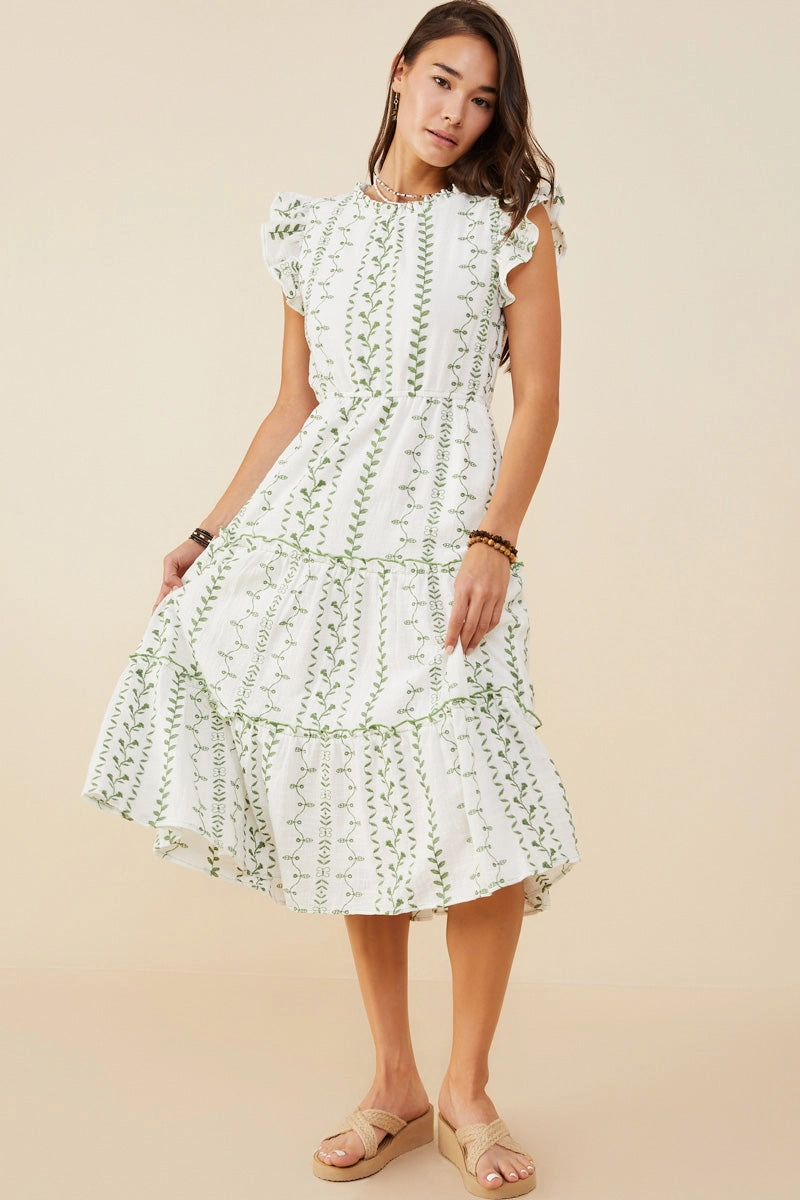 Botanical Embroidered Tiered Midi Dress Slit Detail Clean Style