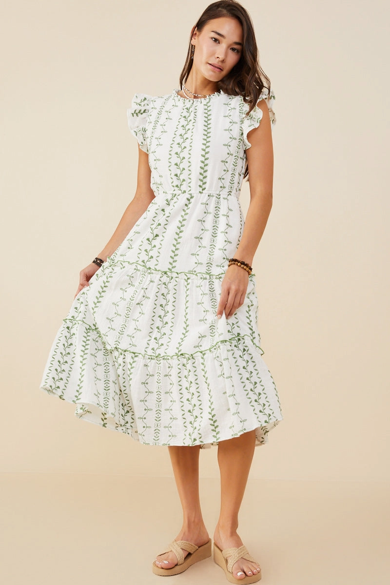 adjustable-fit Layered Design Botanical Embroidered Tiered Midi Dress