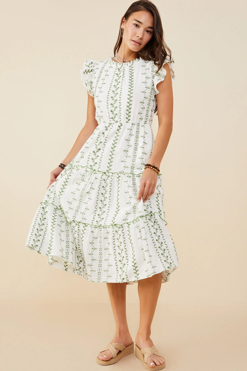 Subtle Elegance Botanical Embroidered Tiered Midi Dress