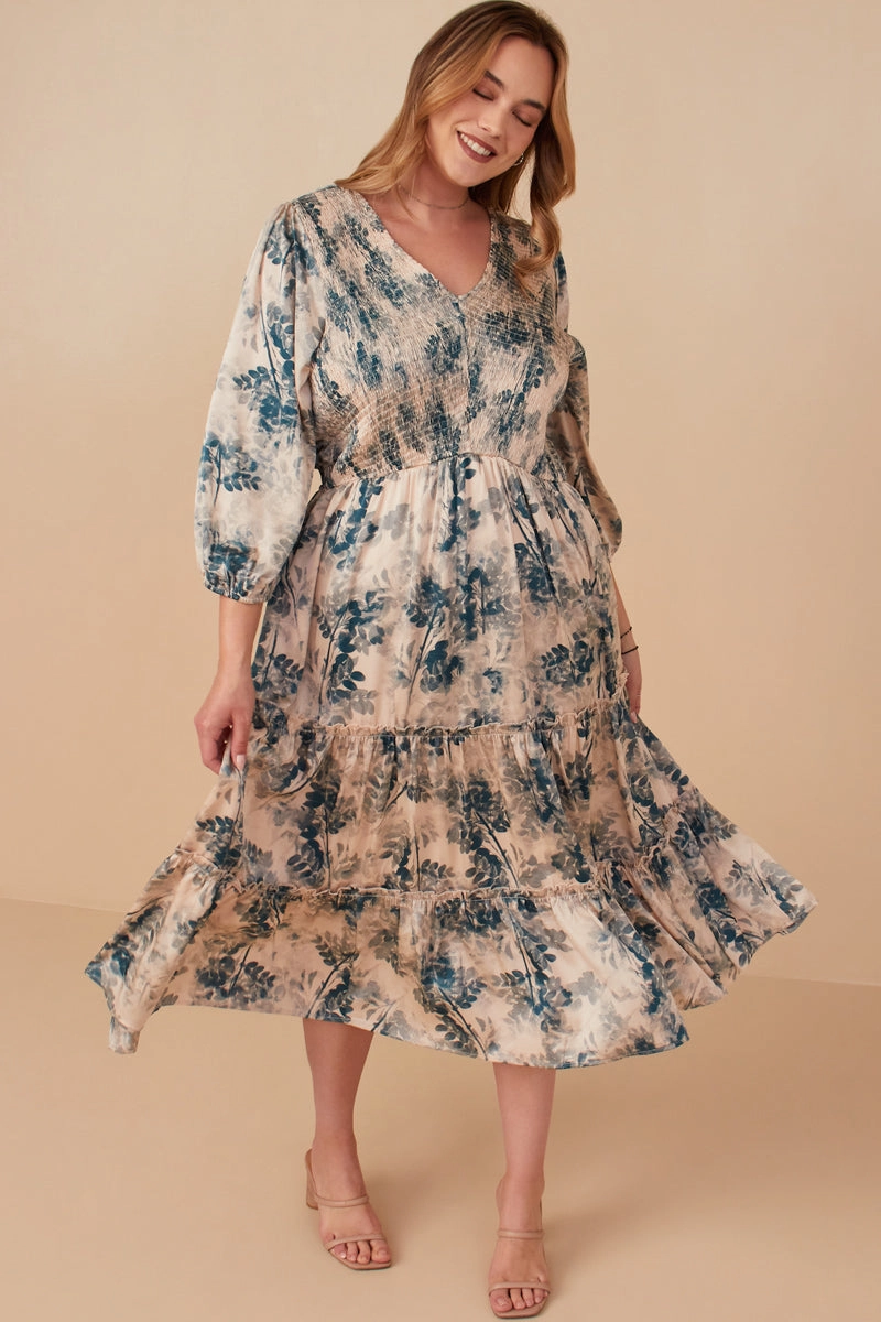 Easy Pairing Botanical Panel Smocked V Neck Satin Dress