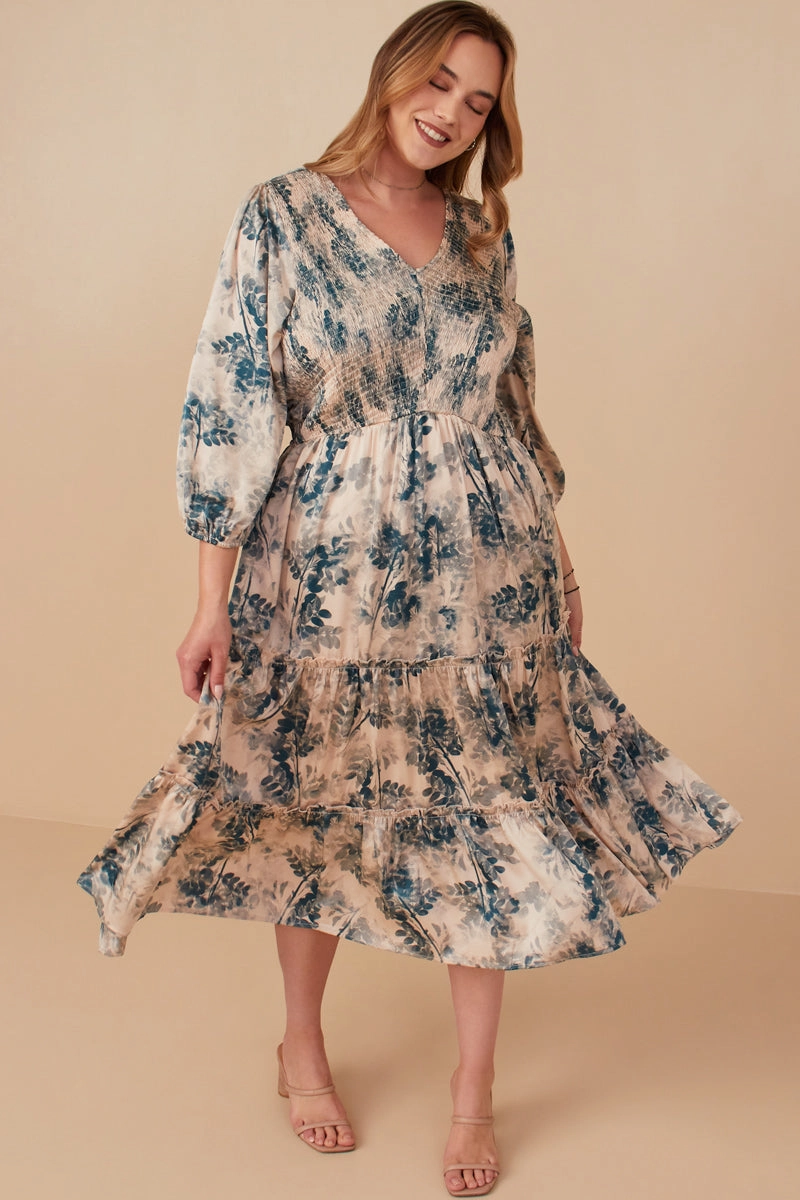 Cotton-Blend Summer Staple Botanical Panel Smocked V Neck Satin Dress