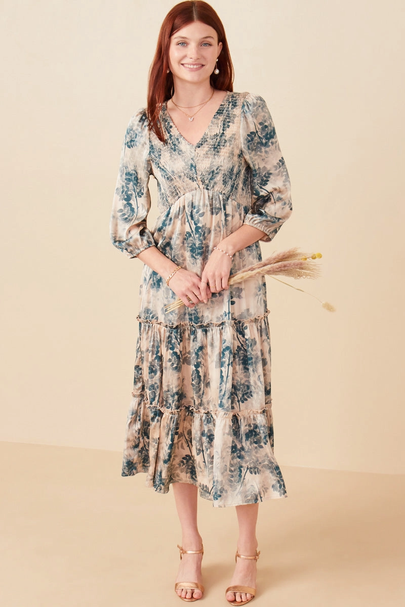 Air Layer Botanical Panel Smocked V Neck Satin Dress