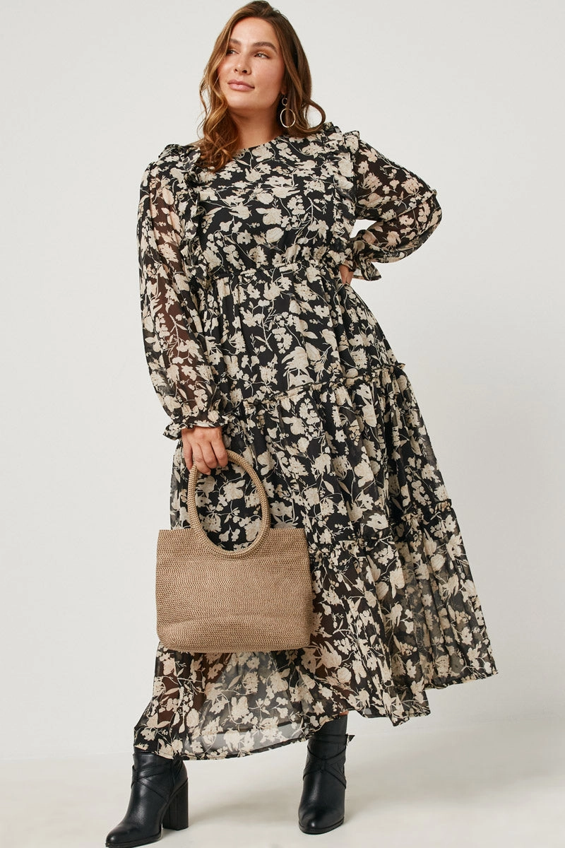 Family Vibe Cloud Light Botanical Print Chiffon Ruffled Maxi Dress