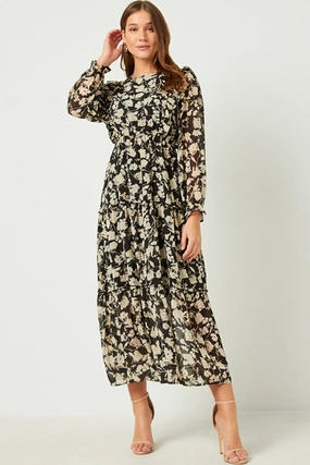 Botanical Print Chiffon Ruffled Maxi Dress Balloon-Sleeve Padded-Bust